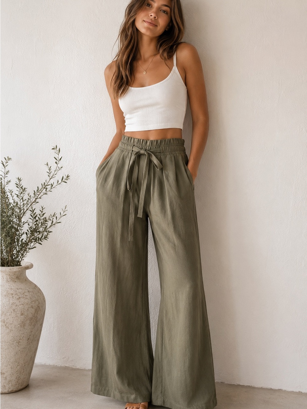 Zara Olive Wide-Leg Drawstring Linen-Blend Pants
